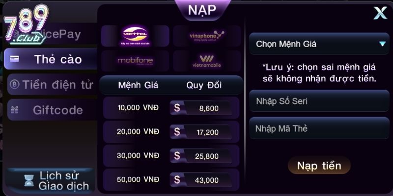 Danh sách phương thức nạp tiền 789Club tiện lợi hiện nay